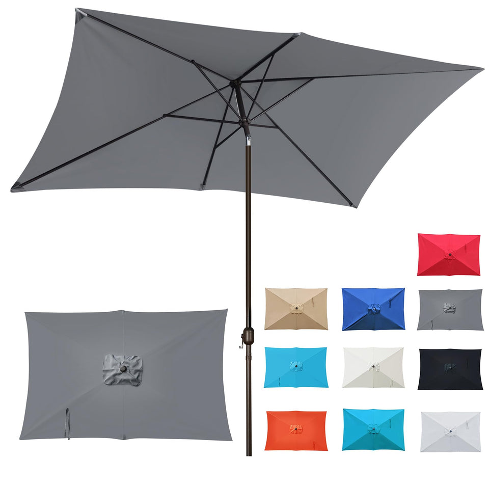 Blissun ten-foot rectangular patio umbrella open to provide full shade for outdoor dining