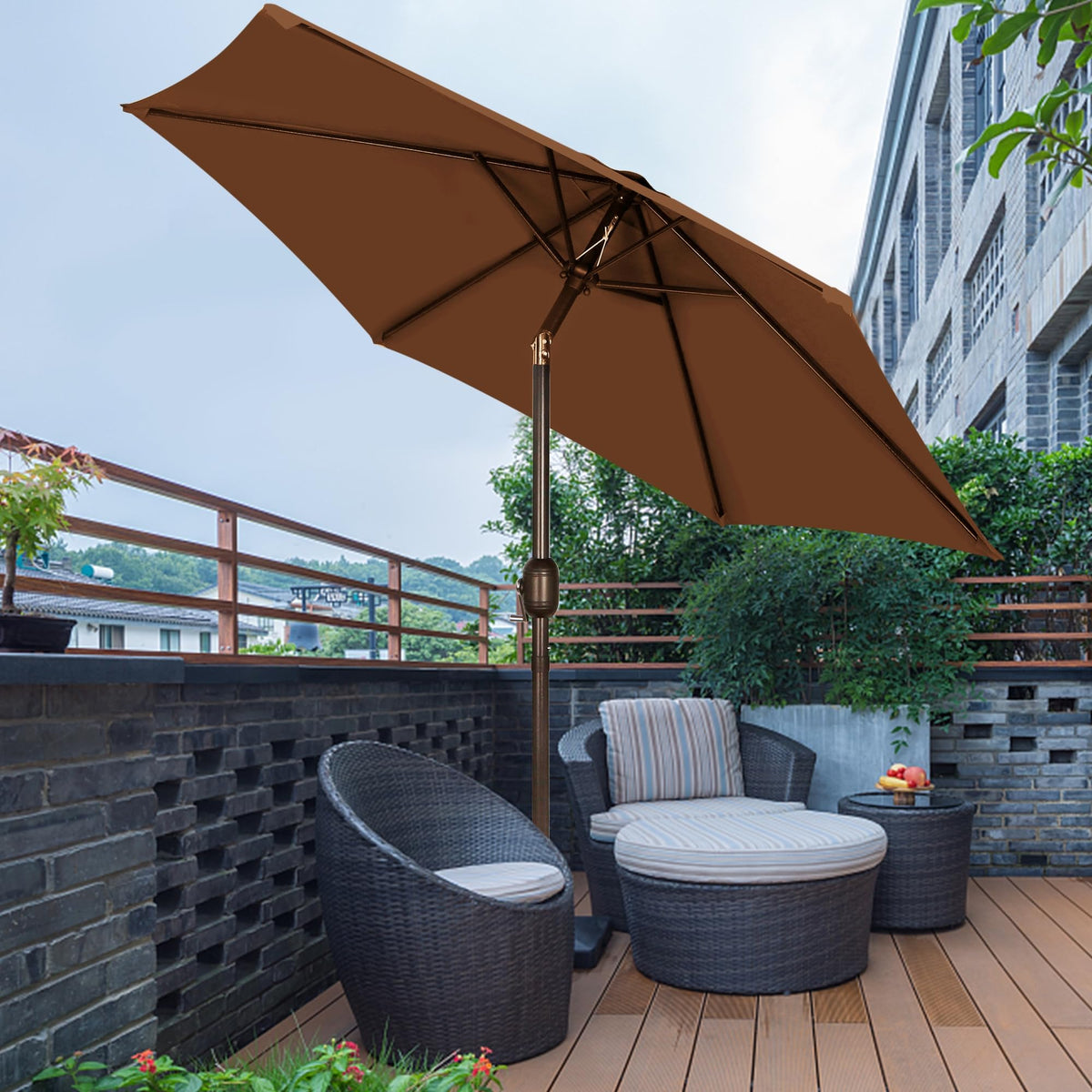 Blissun brown patio umbrella fits yards and cafes.