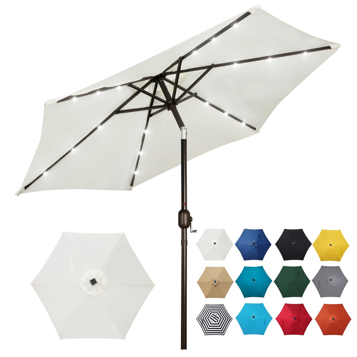 Blissun 7.5 ft solar umbrella front view creates cozy evenings.