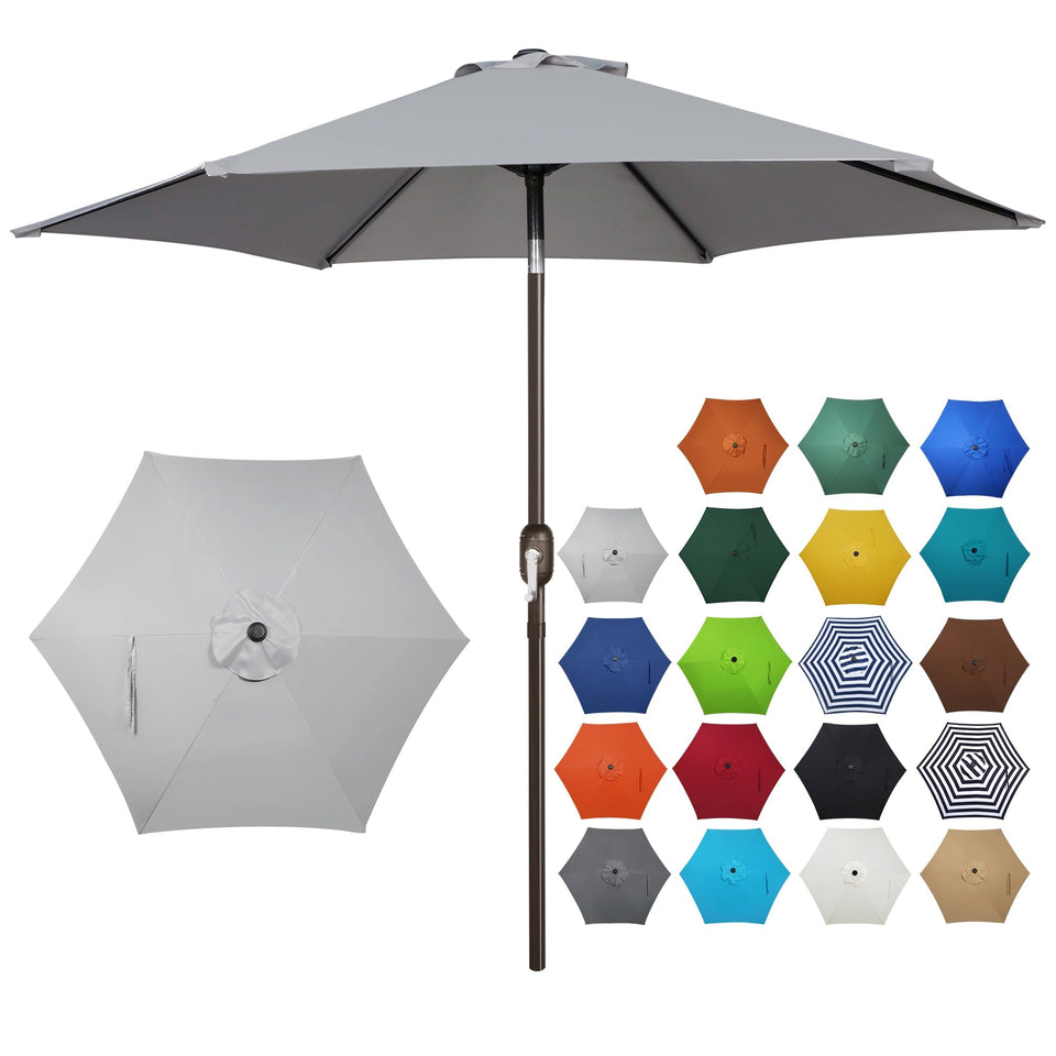 Blissun 7.5ft grey patio umbrella side view shading a dining area