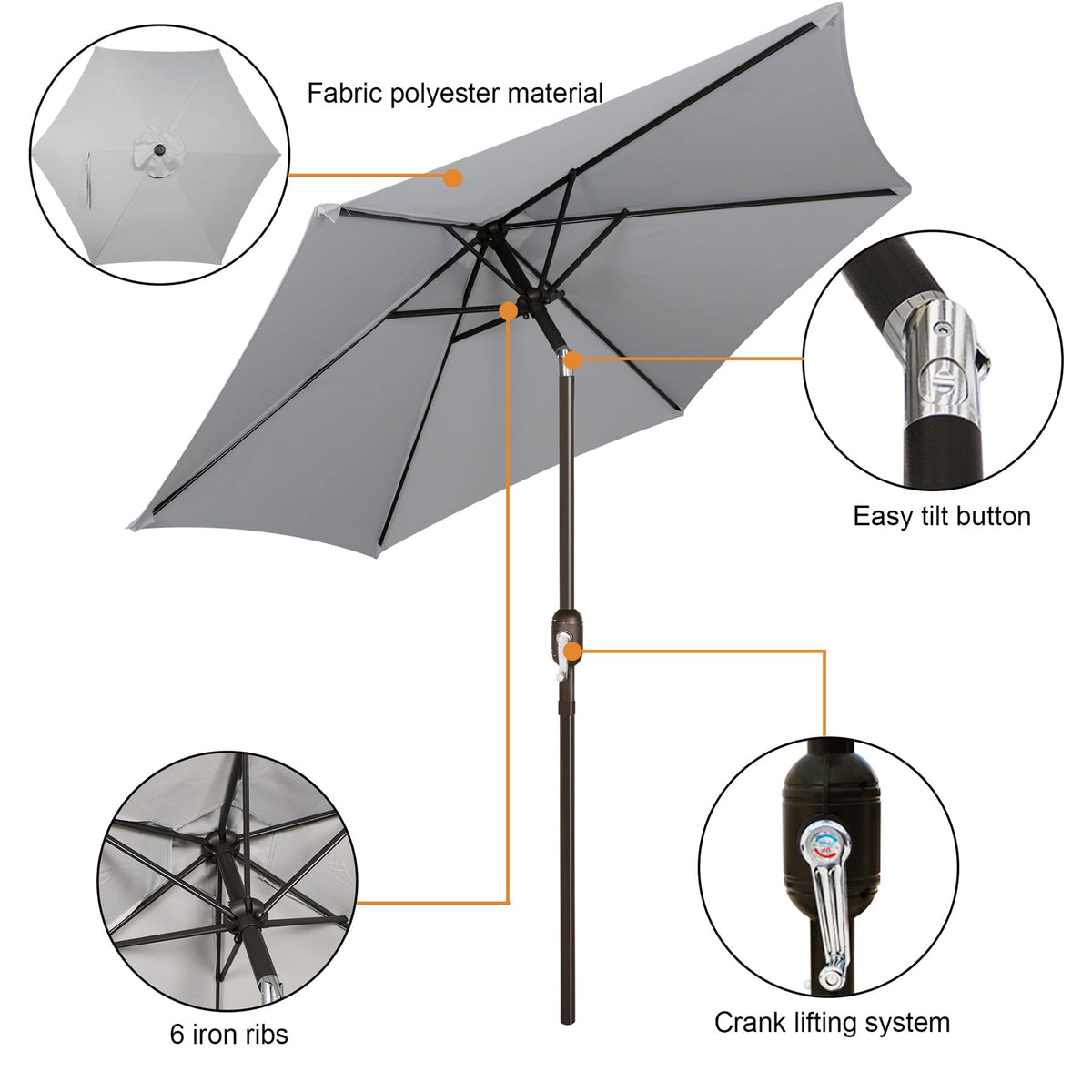 Blissun 7.5ft grey umbrella top view showing vented canopy