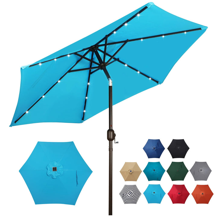 Blissun 7.5ft solar umbrella LED lighting illuminates outdoor seating.