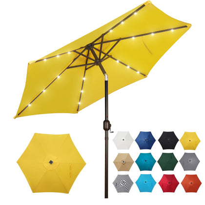 Blissun 7.5 ft solar umbrella with yellow canopy provides ample outdoor shade.