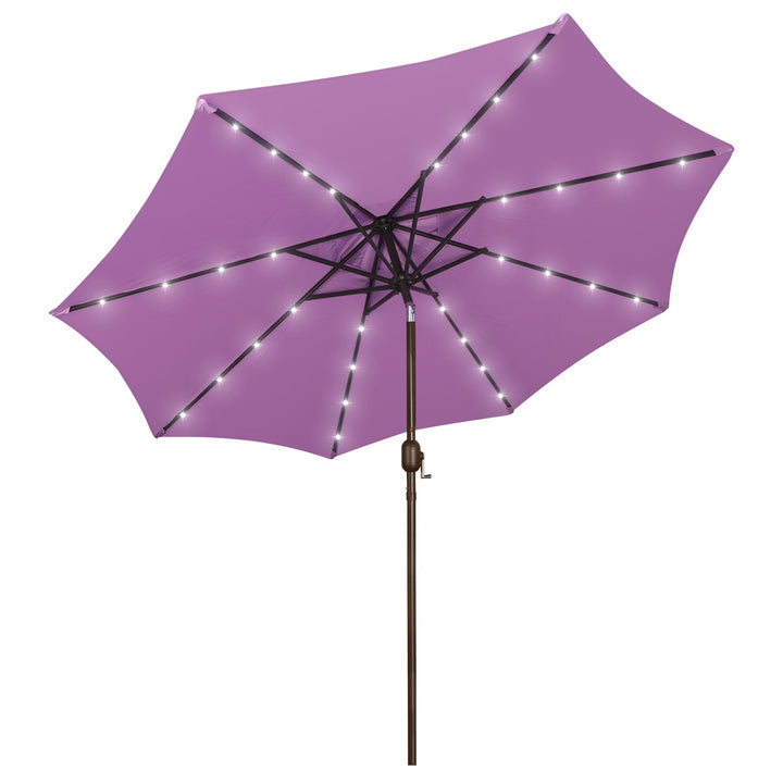 Blissun 9ft solar umbrella with LED rib lights brightens evenings outdoors.