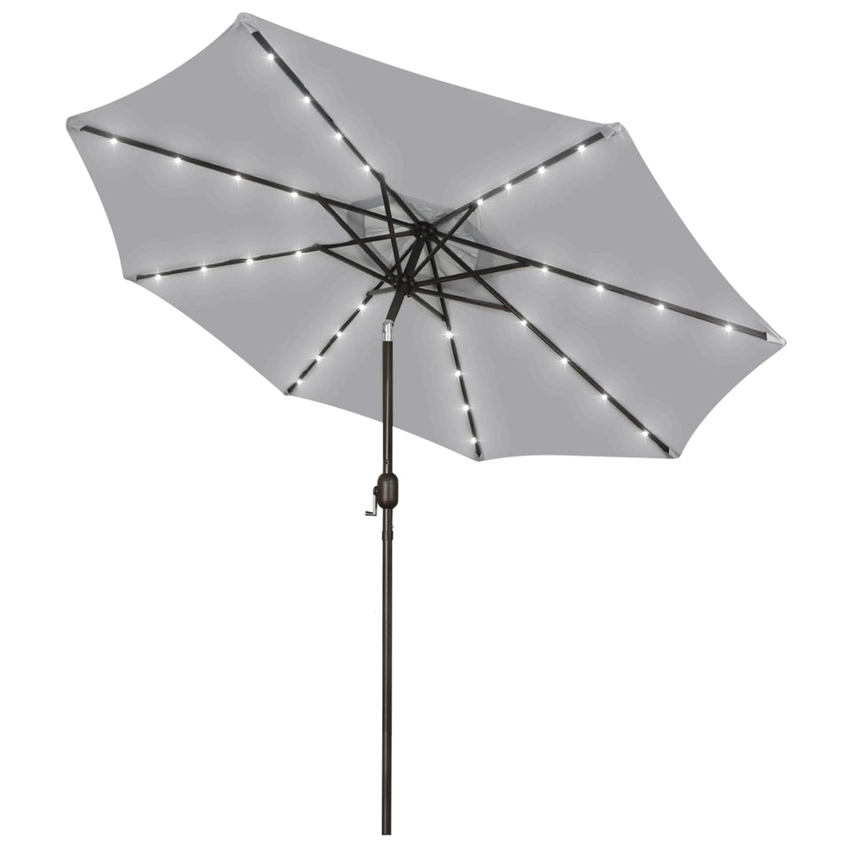Blissun 9ft solar umbrella with LED lights on ribs for evening outdoor ambiance