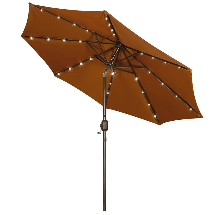 Blissun 9 ft solar umbrella with LED lights provides evening ambiance and shade for outdoor spaces