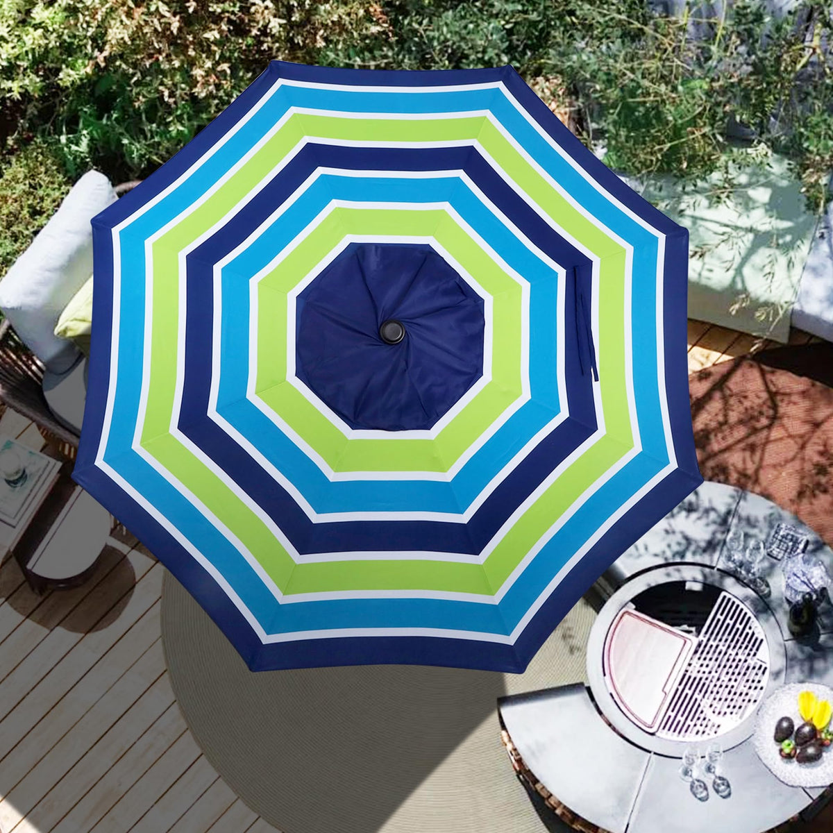 Blissun blue-green stripe canopy enhances patio aesthetics and decor