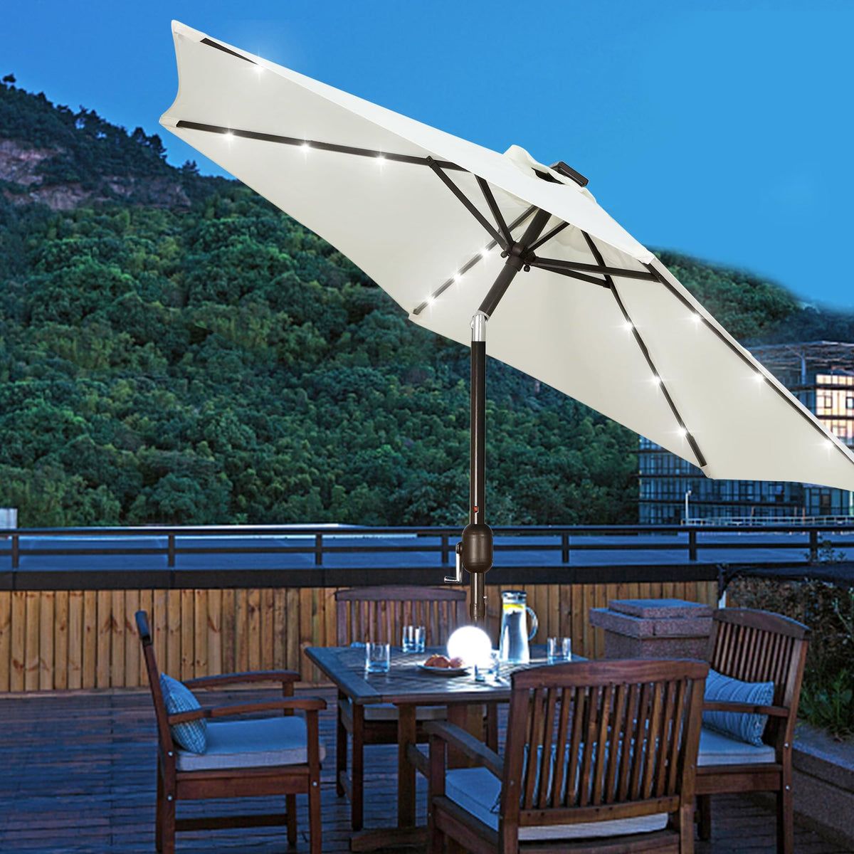 Blissun cream-white outdoor dining umbrella adds shade to meals.