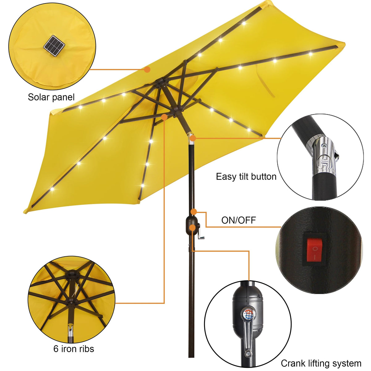 LED rib lighting on Blissun umbrella enhances evening ambience.