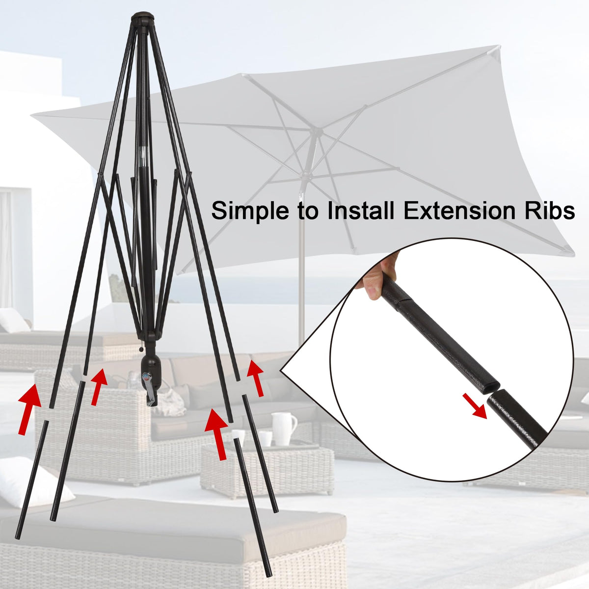 Blissun rust-free powder-coated pole and iron ribs enhance durability against wind