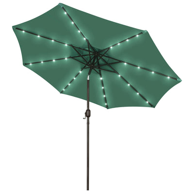 Blissun Seaglass 9 ft solar umbrella with LED lighting for cozy evenings.
