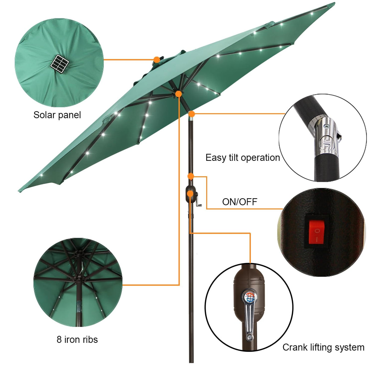 Blissun Seaglass umbrella with crank and tilt for flexible shade.