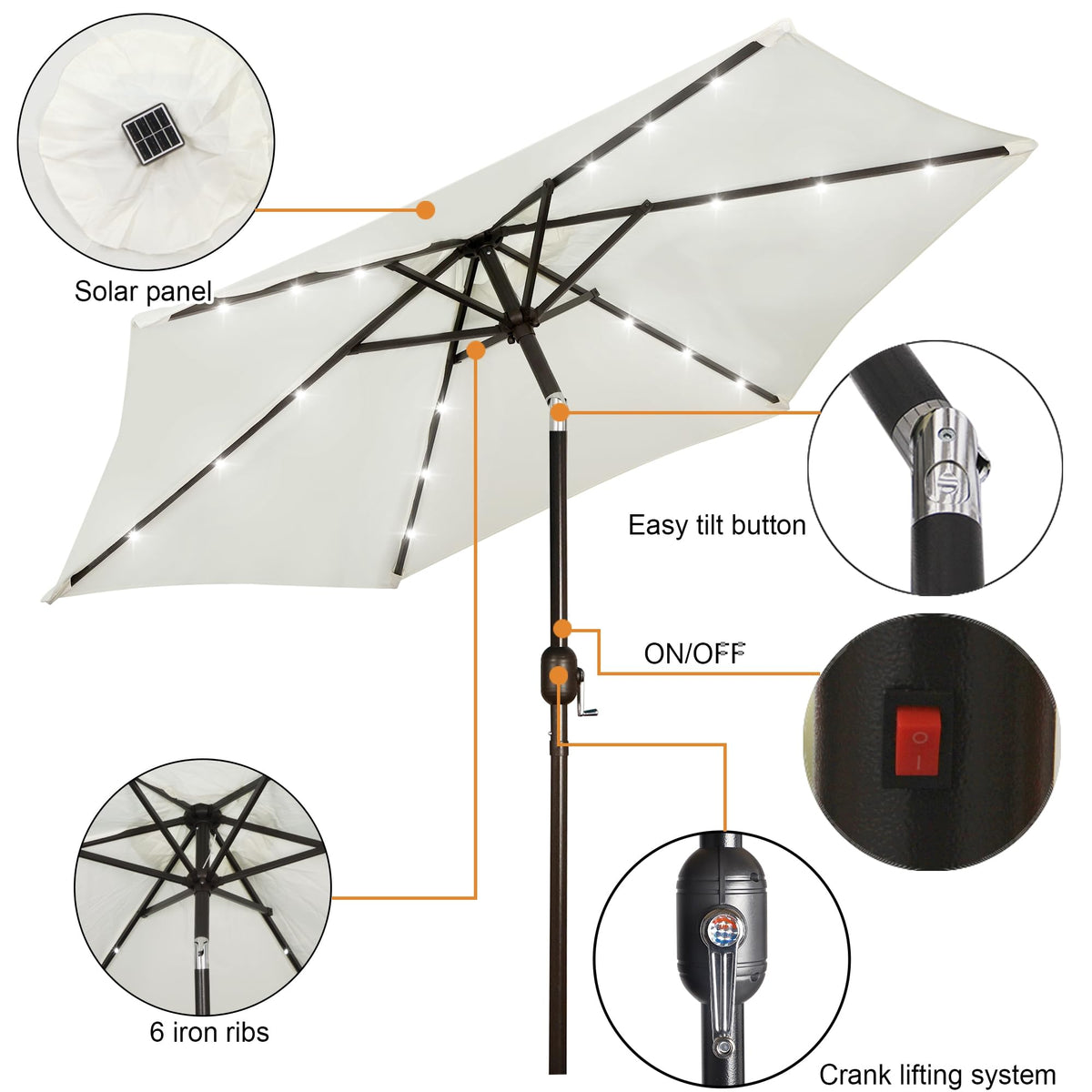 Blissun solar LED umbrella ribs lit for evening gatherings.