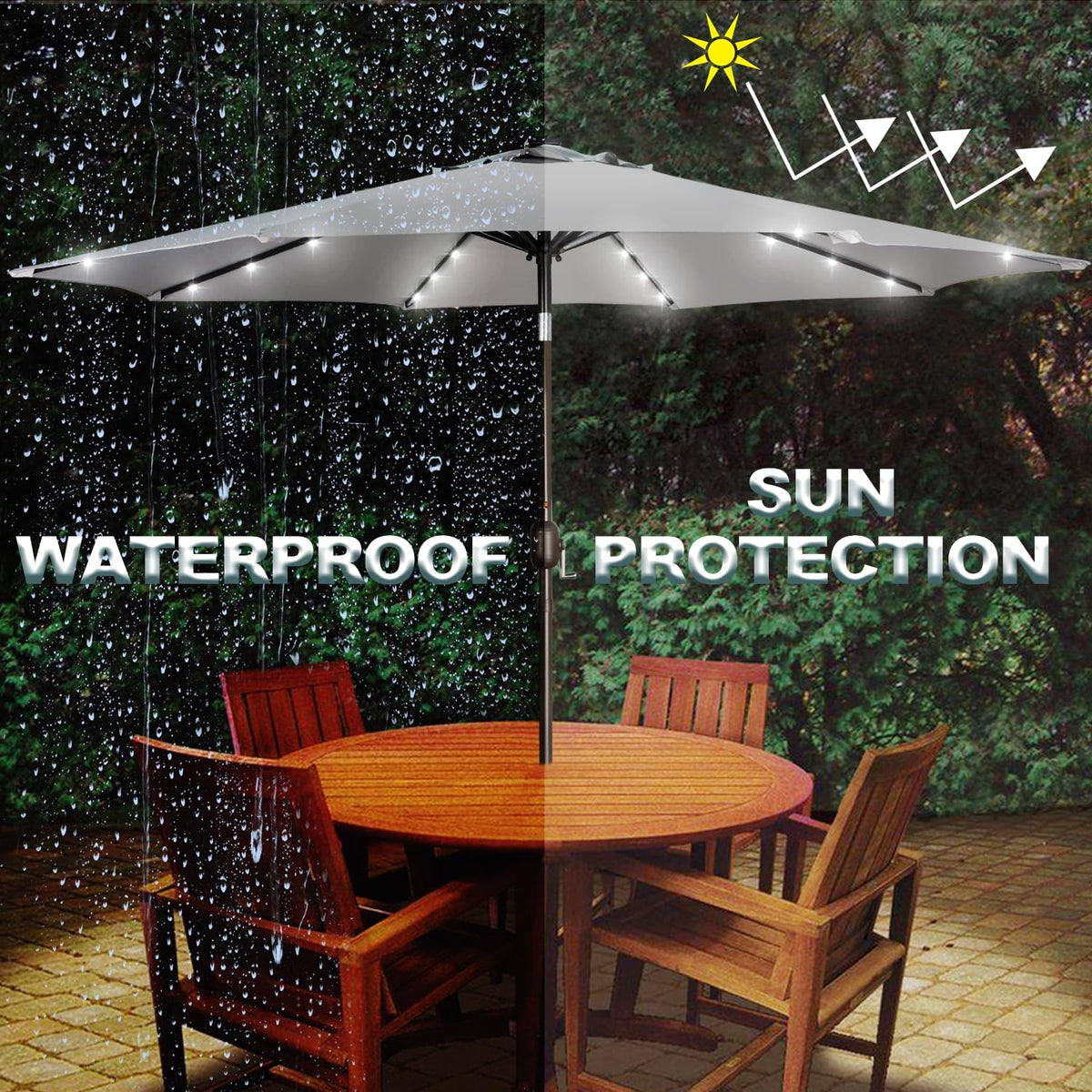 Blissun solar panel powers LED lights for night ambiance