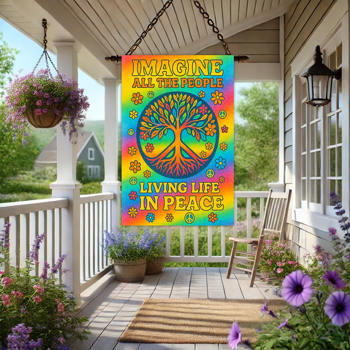 BlissYard boho garden flag enhances yard decor with colorful peace motif.