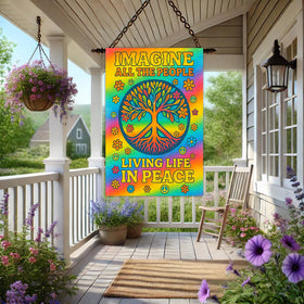 BlissYard boho garden flag enhances yard decor with colorful peace motif.