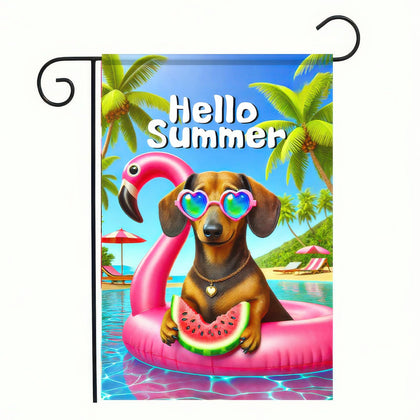 BlissYard dachshund flag featuring Hello Summer design to welcome guests in the garden.