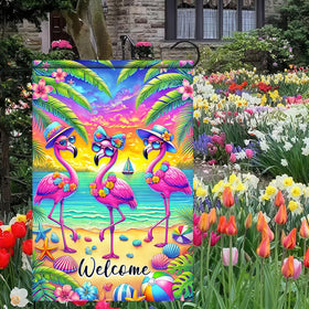 BlissYard flamingo hats and flowers flag adds playful coastal flair