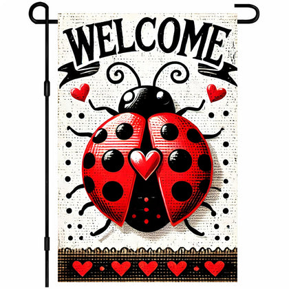 BlissYard Ladybug Spring Flag: bright red ladybugs greet guests at the garden gate.