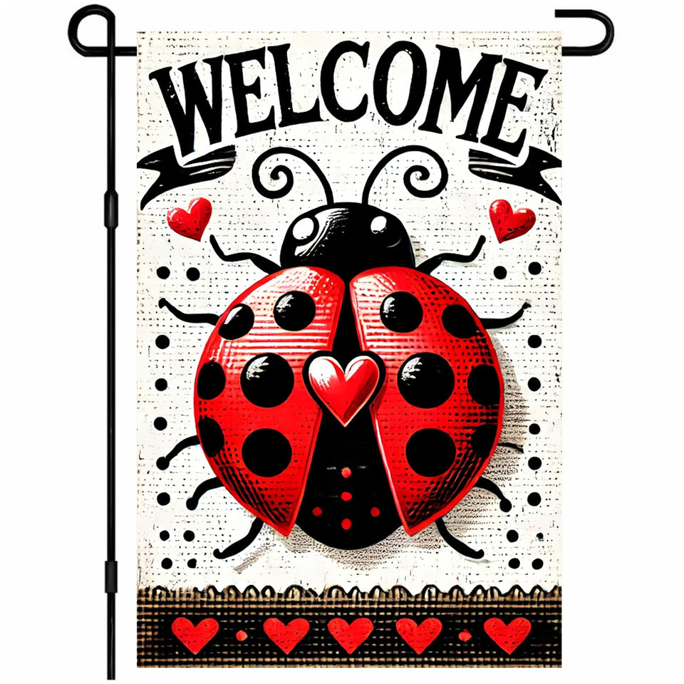 BlissYard Ladybug Spring Flag: bright red ladybugs greet guests at the garden gate.