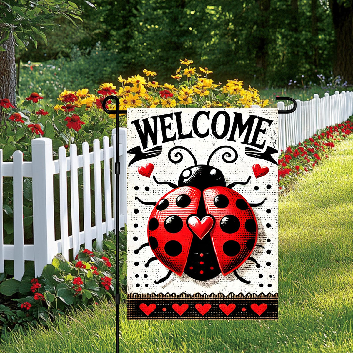 BlissYard Ladybug Welcome Banner: double-sided design visible from the yard and porch.