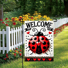 BlissYard Ladybug Welcome Banner: double-sided design visible from the yard and porch.