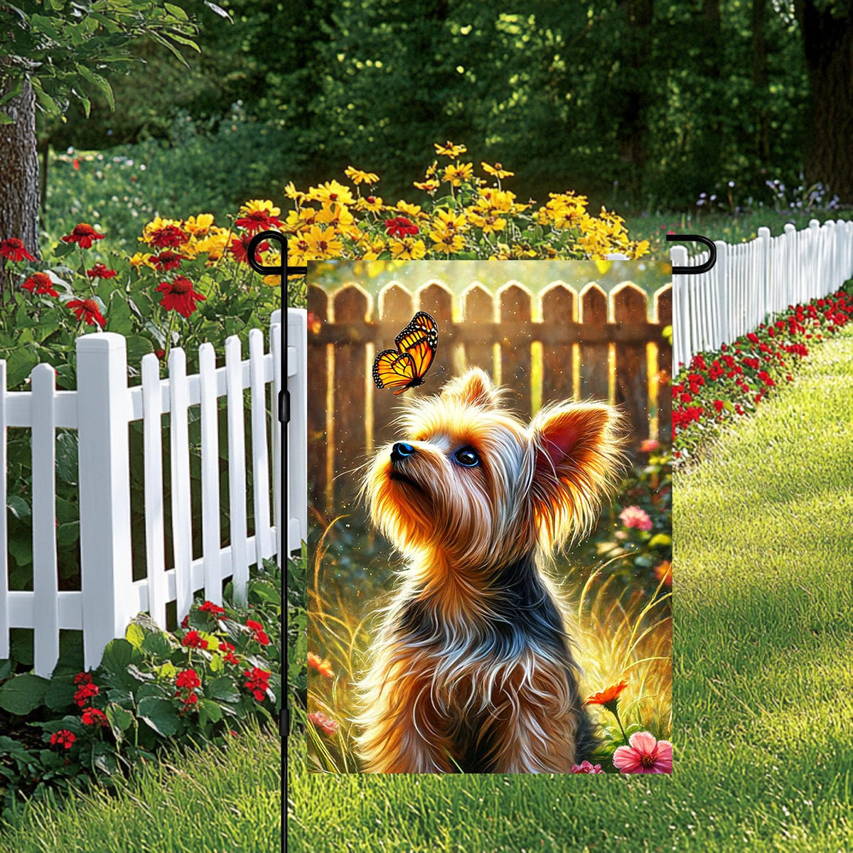 BlissYard Summer flag featuring a dog and butterfly for outdoor spaces