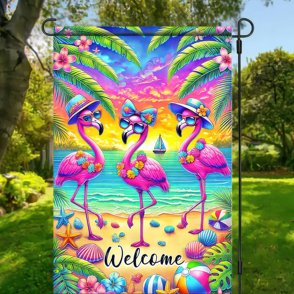 BlissYard sunset beach flag features flamingos for a vibrant seasonal touch