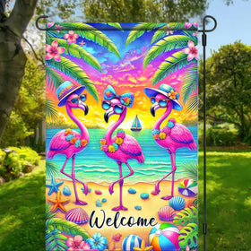 BlissYard sunset beach flag features flamingos for a vibrant seasonal touch