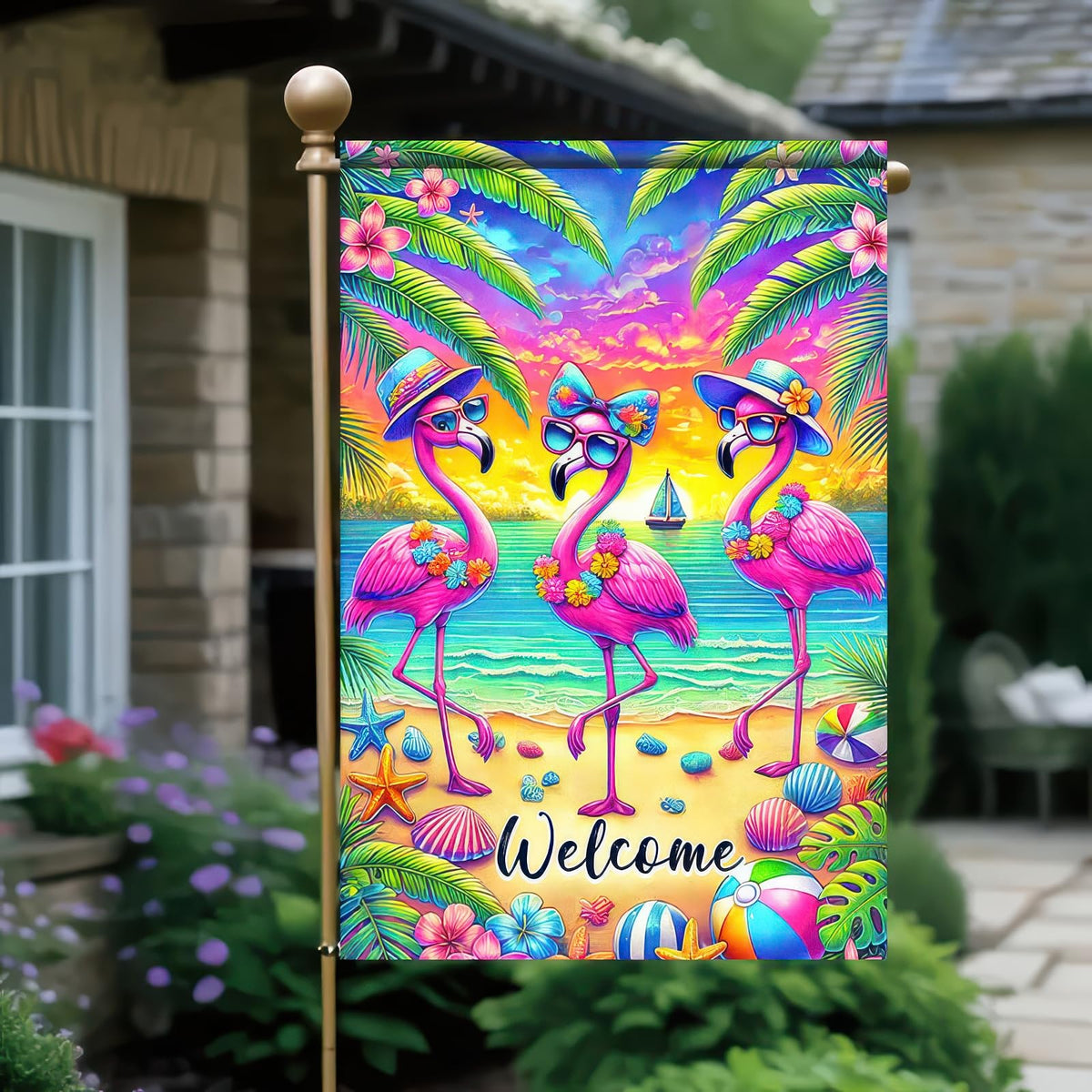 BlissYard tropical flamingos flag adds bright beach vibes to outdoor spaces