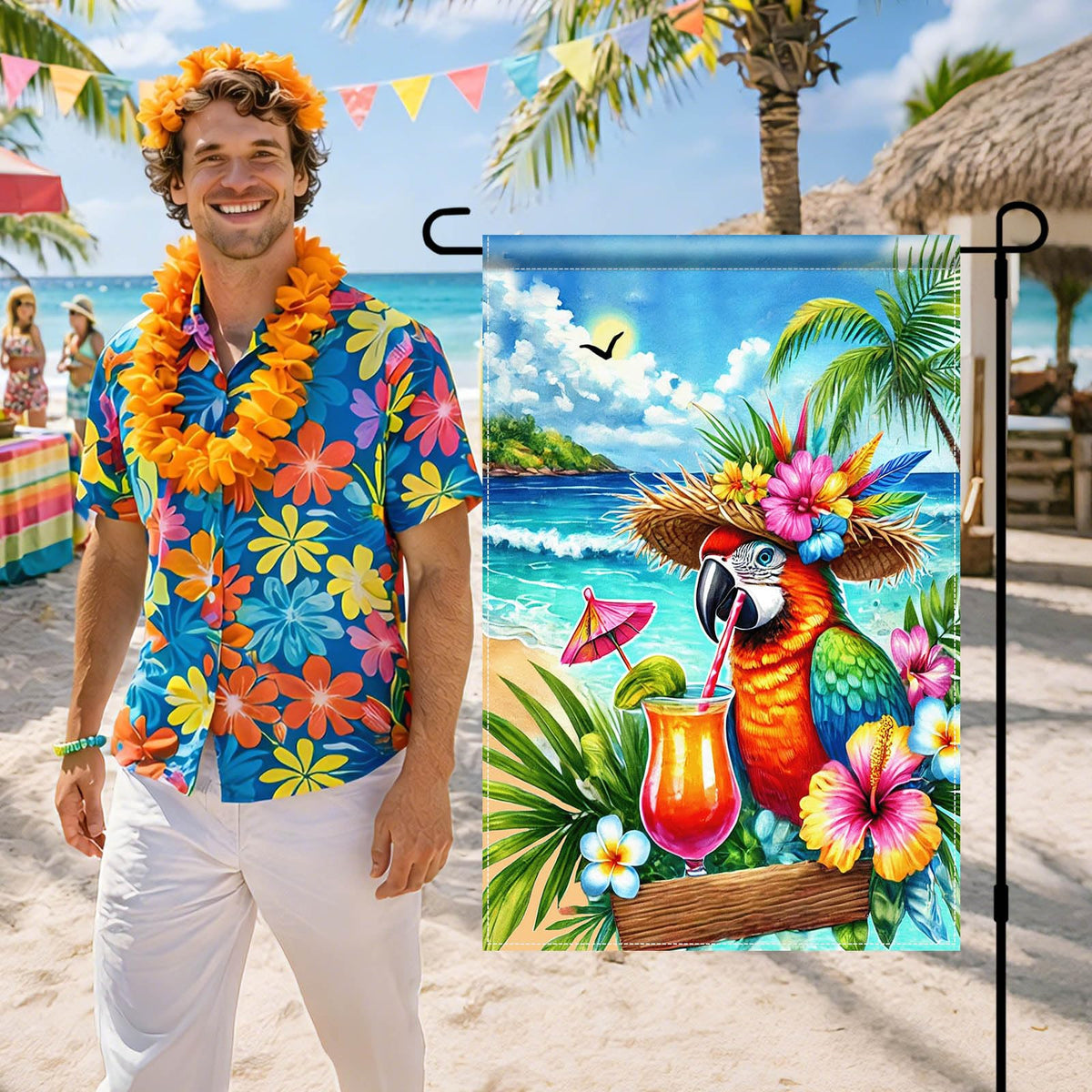 BlissYard vibrant parrot print flag creates tropical ambiance outdoors