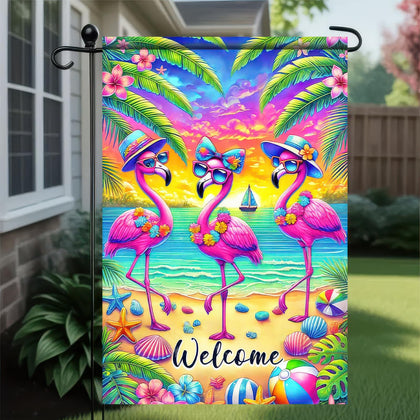 BlissYard Welcome Flamingo flag with three flamingos at sunset on a beach, ideal for outdoor welcome signage