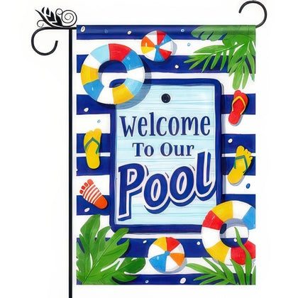 BlissYard welcome pool flag front view with beach motif inviting guests to the pool