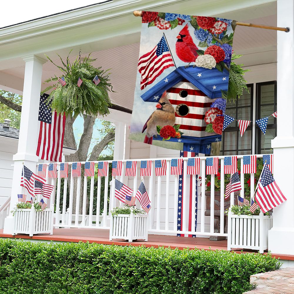 BLKWHT 4th of July cardinal bird house flag back view for balanced double-sided display.