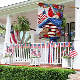 BLKWHT 4th of July cardinal bird house flag back view for balanced double-sided display.