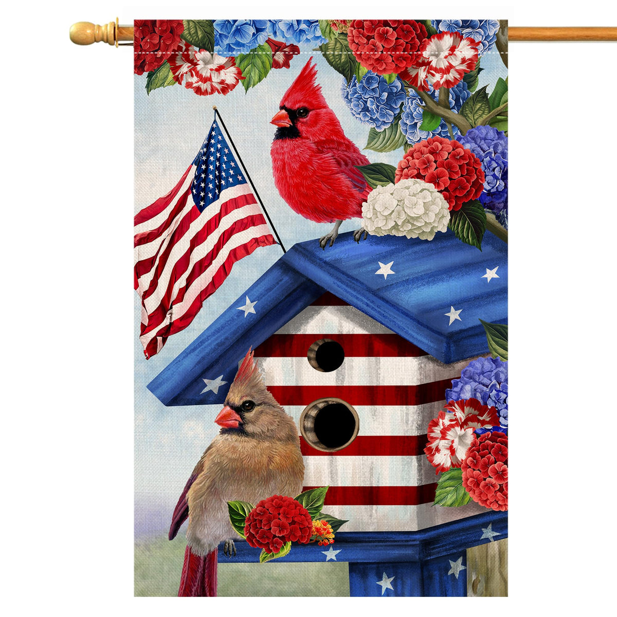 BLKWHT 4th of July cardinal bird house flag front view enhances outdoor patriotic decor.