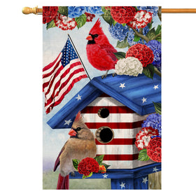 BLKWHT 4th of July cardinal bird house flag front view enhances outdoor patriotic decor.