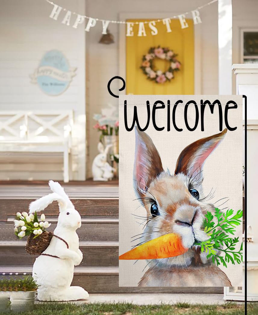 BLKWHT Burlap flag with bunny and carrot motif, weather-resistant porch display.