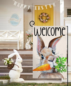 BLKWHT Burlap flag with bunny and carrot motif, weather-resistant porch display.