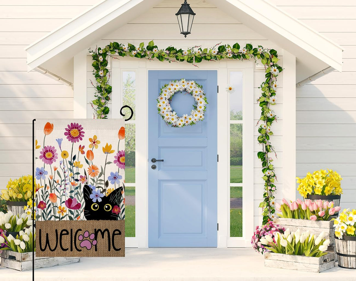 BLKWHT Double-sided flag with purple flowers for year-round display
