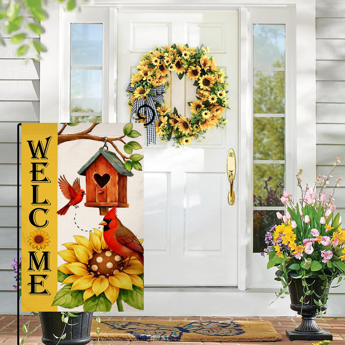 BLKWHT double-sided flag showing sunflowers from both directions for enhanced visibility.