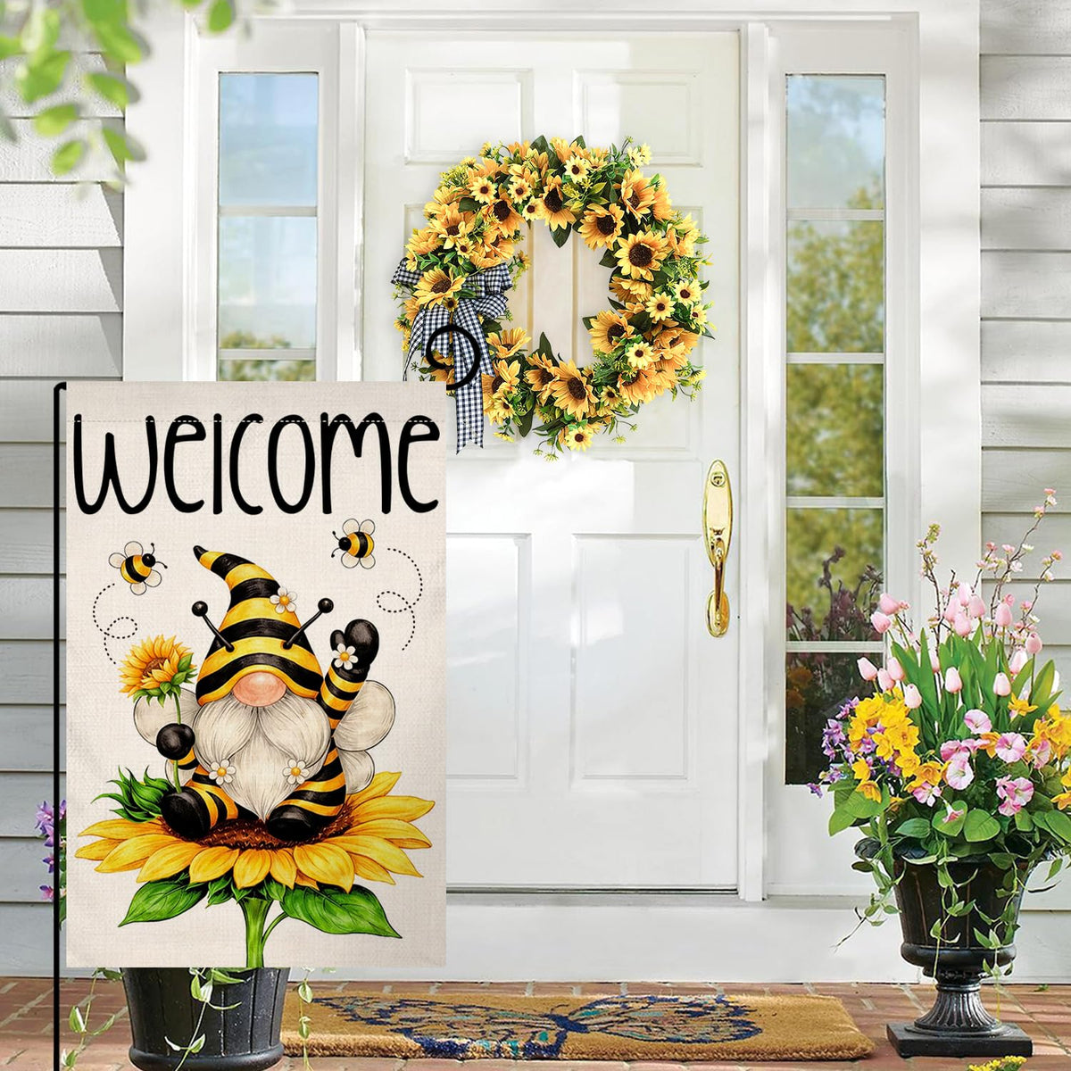 BLKWHT double-sided flag showcases cheerful sunflowers for porch and yard.