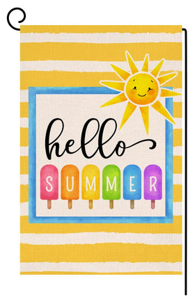 BLKWHT Hello Summer Popsicle garden flag on a sunny porch adds festive curb appeal