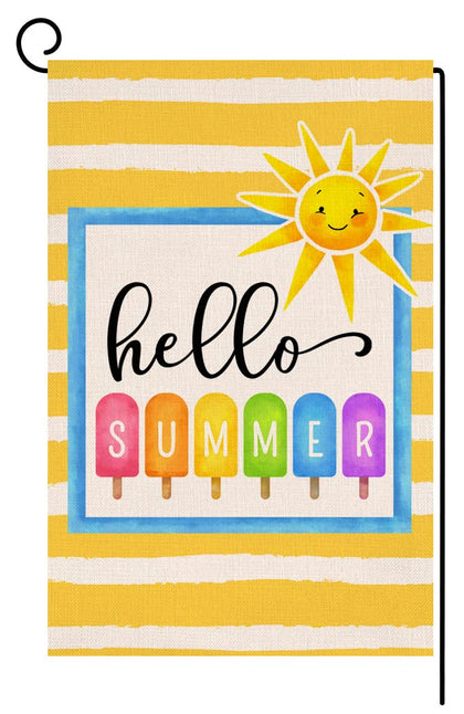 BLKWHT Hello Summer Popsicle garden flag on a sunny porch adds festive curb appeal