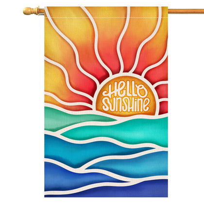 BLKWHT Hello Sunshine flag front view on porch with vivid double-sided print