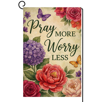 BLKWHT Pray More Worry Less flag, 12x18, double-sided burlap for outdoor display.