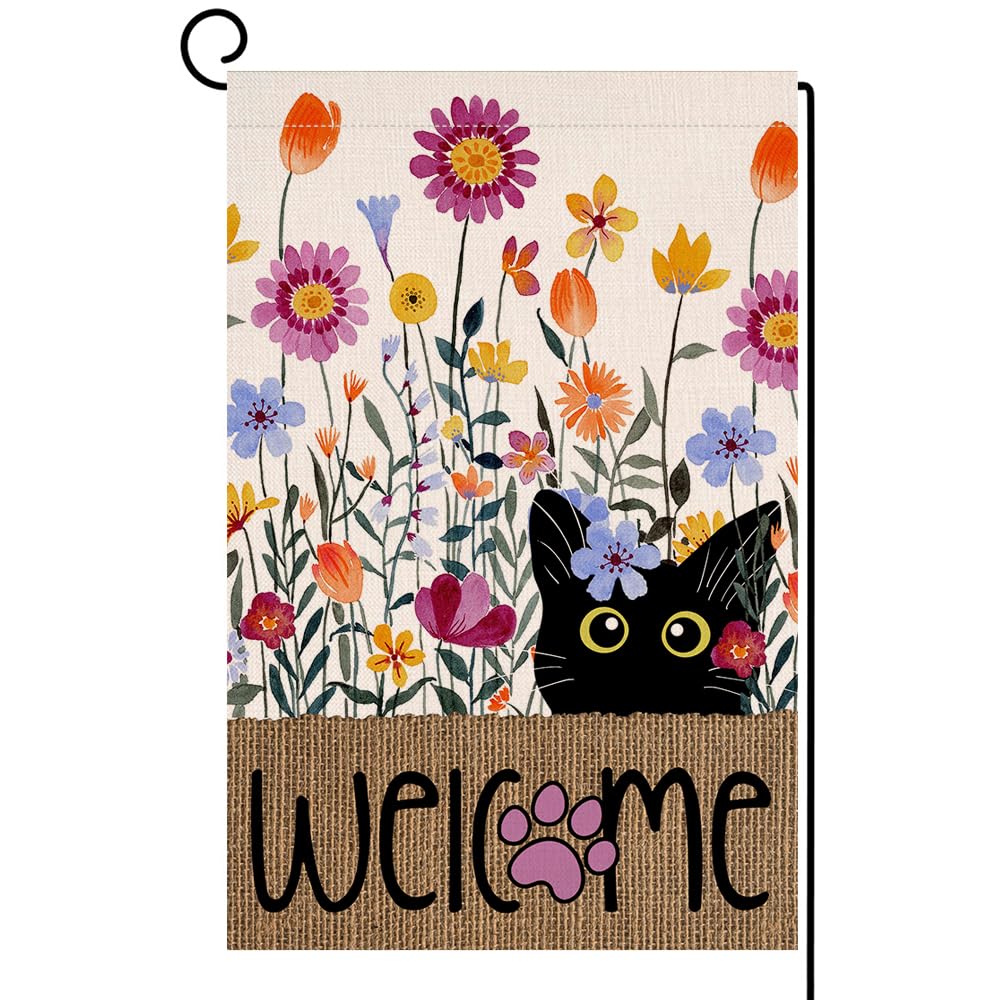 BLKWHT Spring Cat Flowers garden flag in burlap texture for outdoor decor