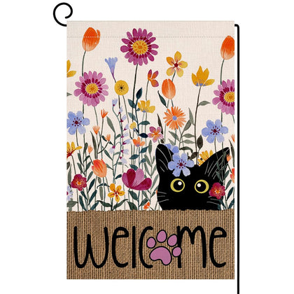 BLKWHT Spring Cat Flowers garden flag in burlap texture for outdoor decor