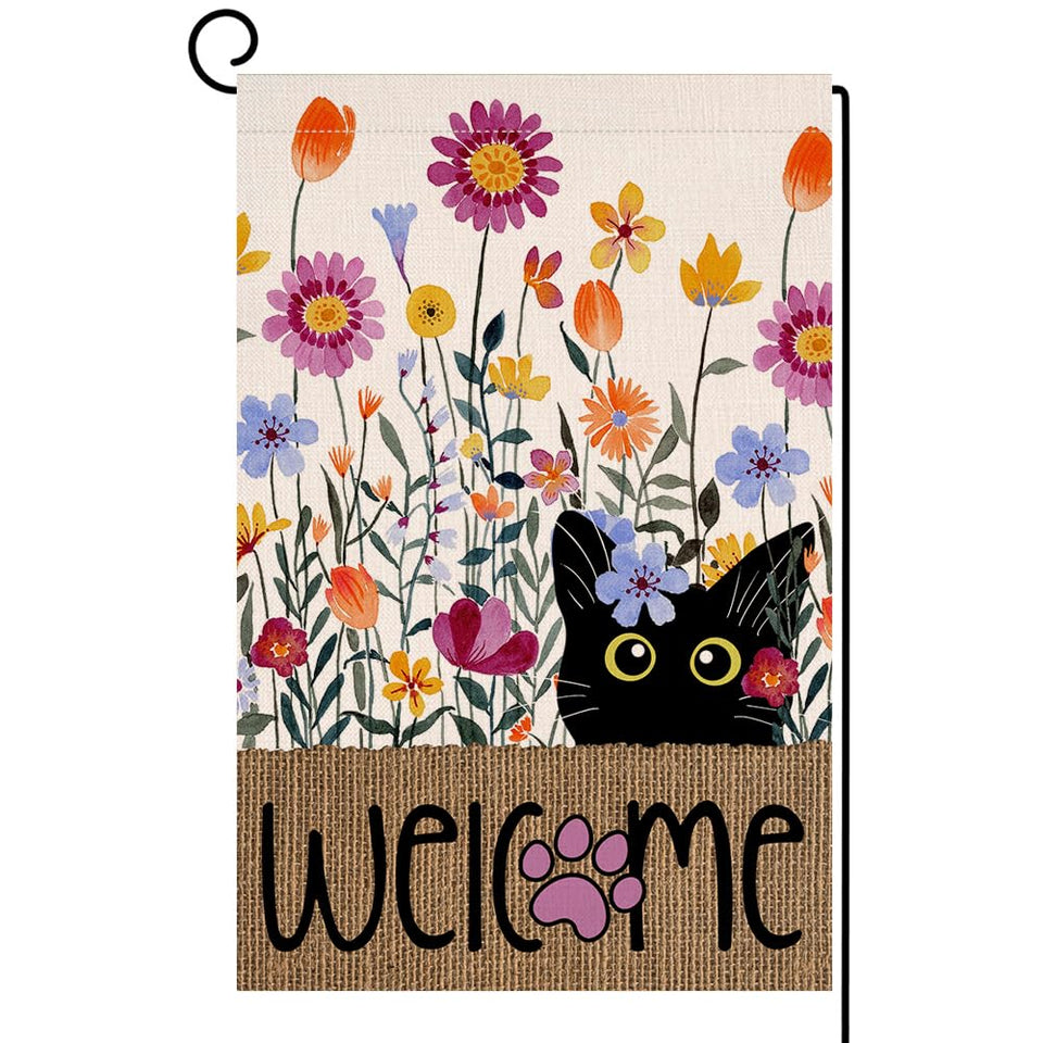 BLKWHT Spring Cat Flowers garden flag in burlap texture for outdoor decor