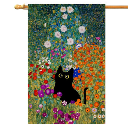 BLKWHT Spring Cat House Flag 28x40 with vibrant floral design for outdoor display.